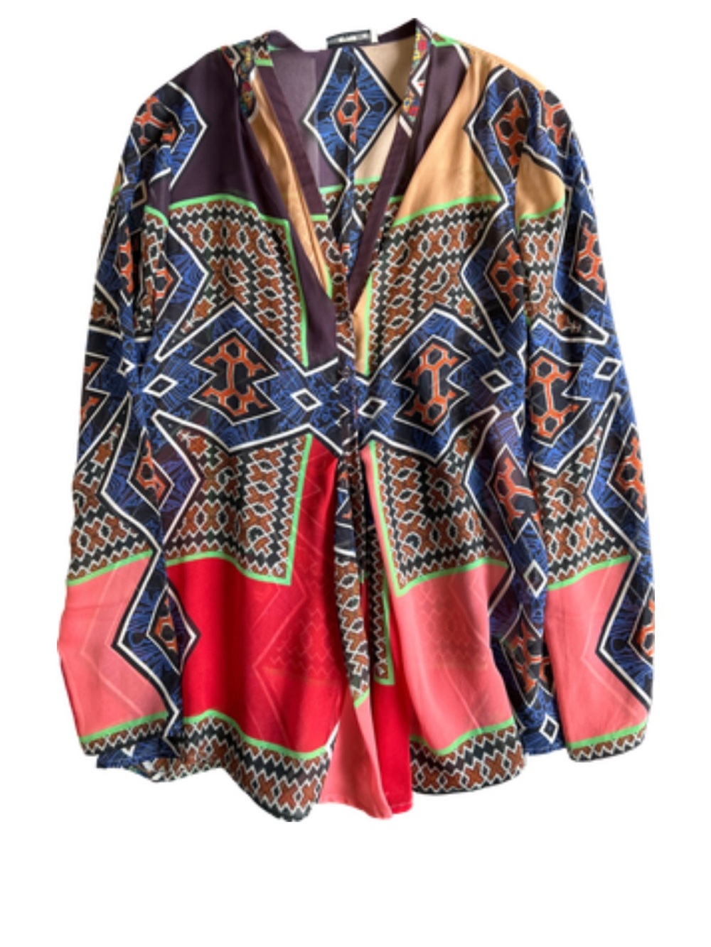 Etro Silk Geometric Print Blouse — Navy, Coral, Brown, Green